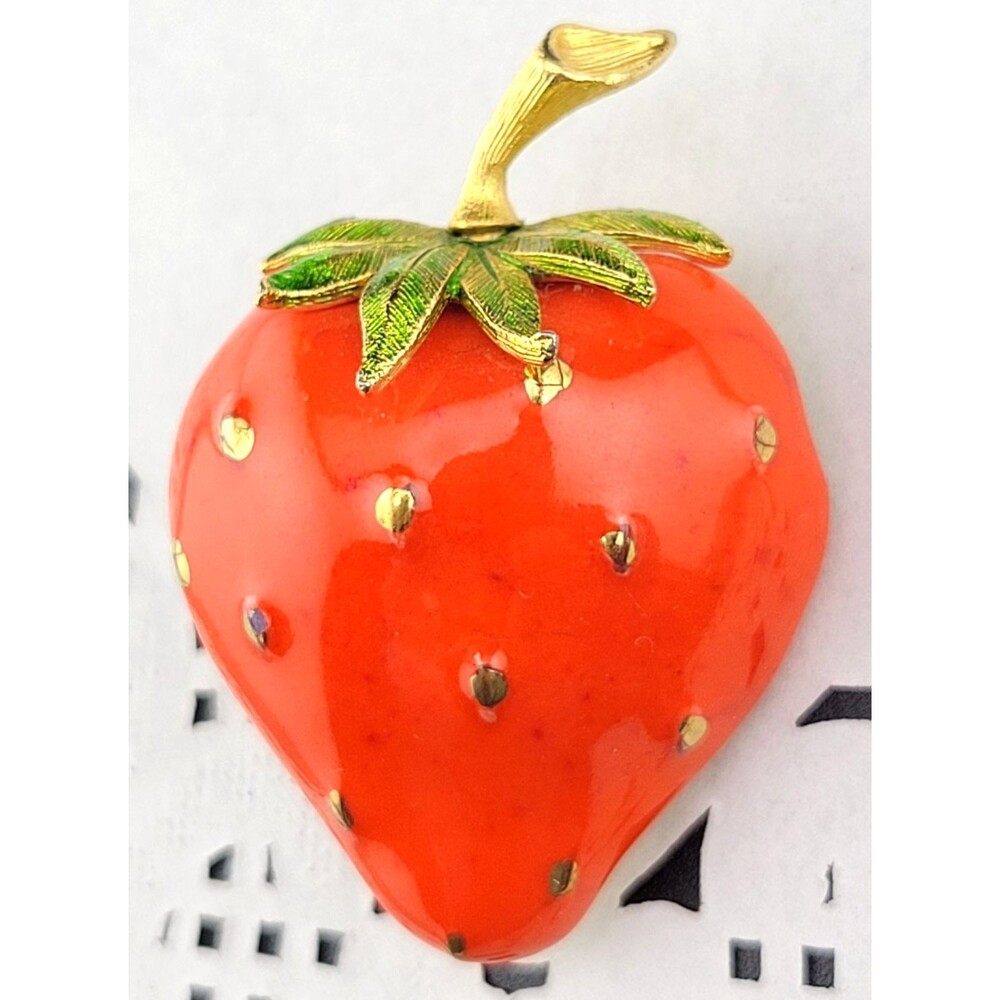 Vintage MCM Hand Painted Ceramic Red 1.75" Strawberry Brooch Pin